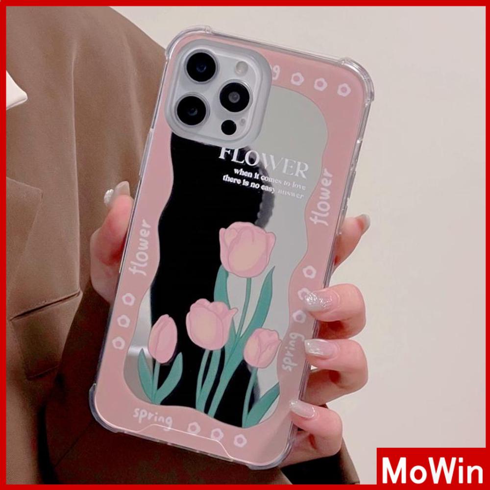 iPhone Case Acrylic HD Mirror Laser Airbag Shockproof Protection Camera Cute Pink Tulip Flower Compatible For iPhone 11 iPhone 13 Pro Max iPhone 12 Pro Max iPhone 7 Plus iPhone xr