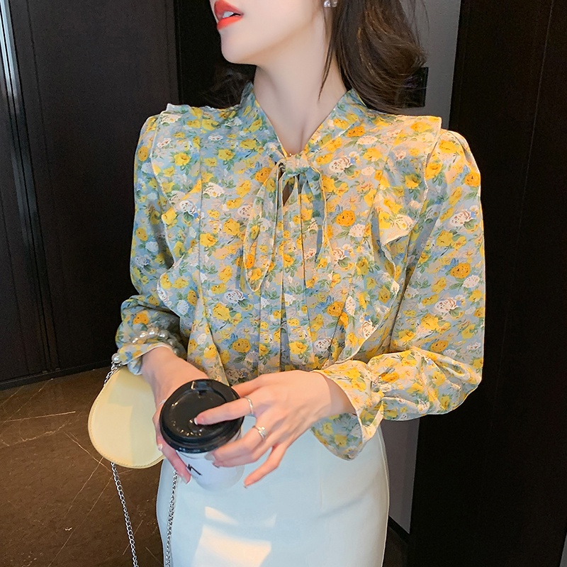 COD 2022 Green Orange Fashion Korea Style Lengan Panjang Blus Wanita Musim Panas Casual Blouse Motif Bunga Bahan Sifon Warna Atasan Kemeja Wanita