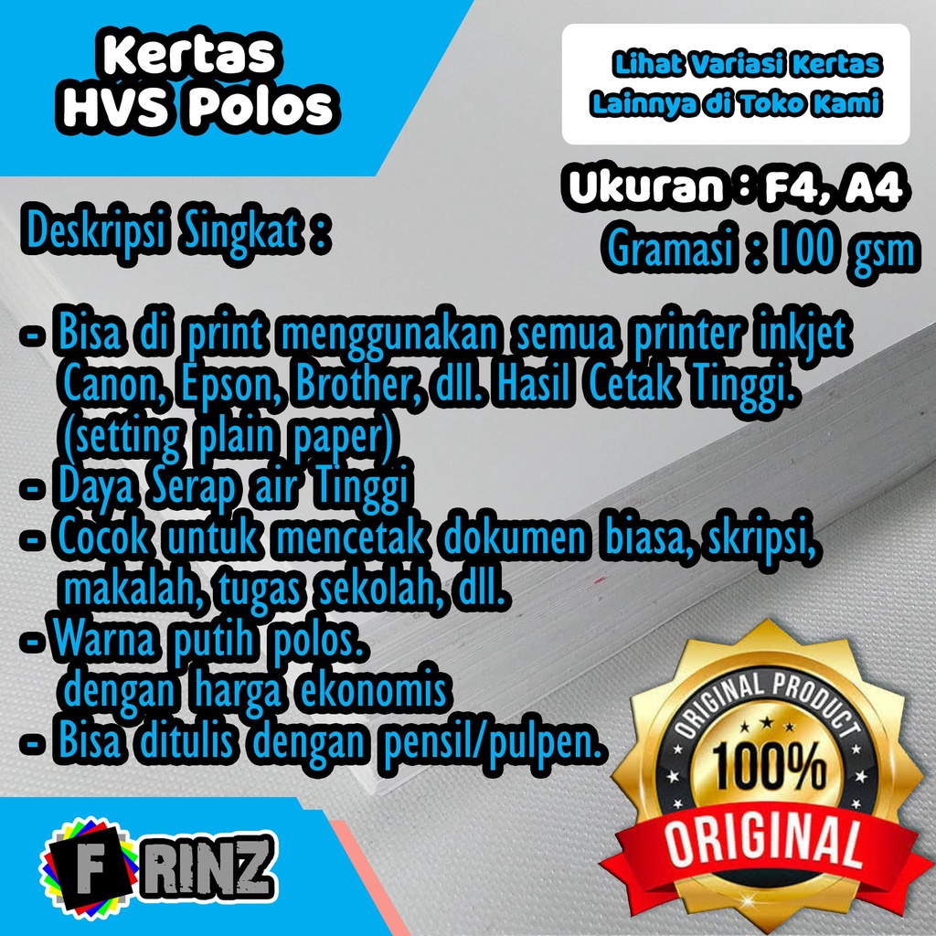 

Kertas HVS 100 Gram Putih Polos F4 A4 / Kertas Tulis HVS White HQ 100 Gsm