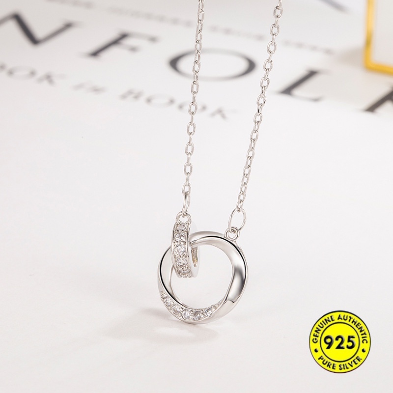 Kalung Rantai Sterling Silver 925 Dengan Liontin Cincin Ganda Untuk Pasangan / Pria / Wanita