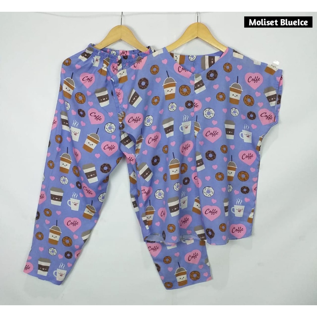 Setelan Piyama Babydoll Lengan Pendek Kekinian Baju Tidur One Set Rayon Premium Wanita Dewasa Busui-Blue Ice