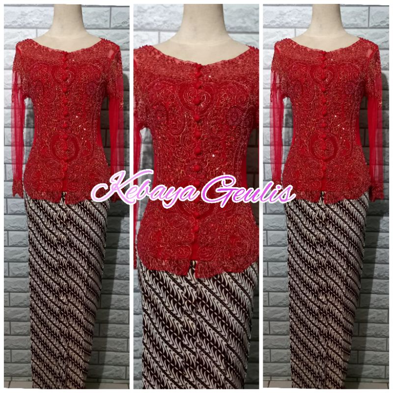 set kebaya pesta merah merona kebaya wisuda+longtorso dan rok batik lereng