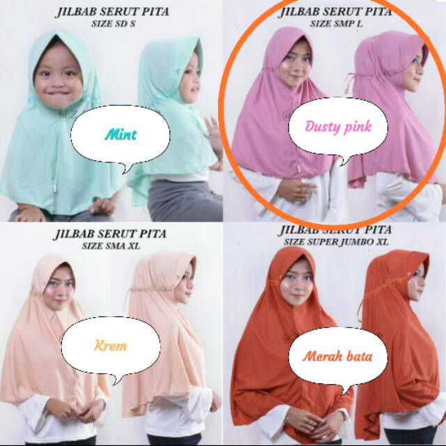 Jilbab serut pita uk. SMP size L ( Rabbani KW,  jilbab serut jokowi)