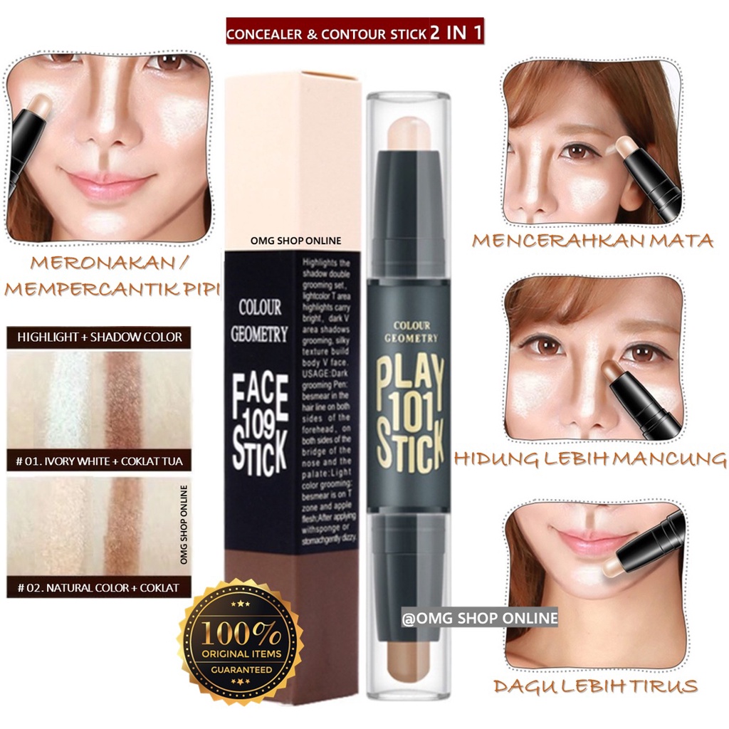 TERMURAH !!! 2 in 1 Face 109 Stick Concealer Highlighter Wajah Colour Geometry 3D Stick Concealer Tahan Lama Waterproof Anti Air Anti Luntur / Foundation Make Up Contour Stick Pensil Wajah Highlights Make Up Korea Kosmetik Wanita Anak Sekolah