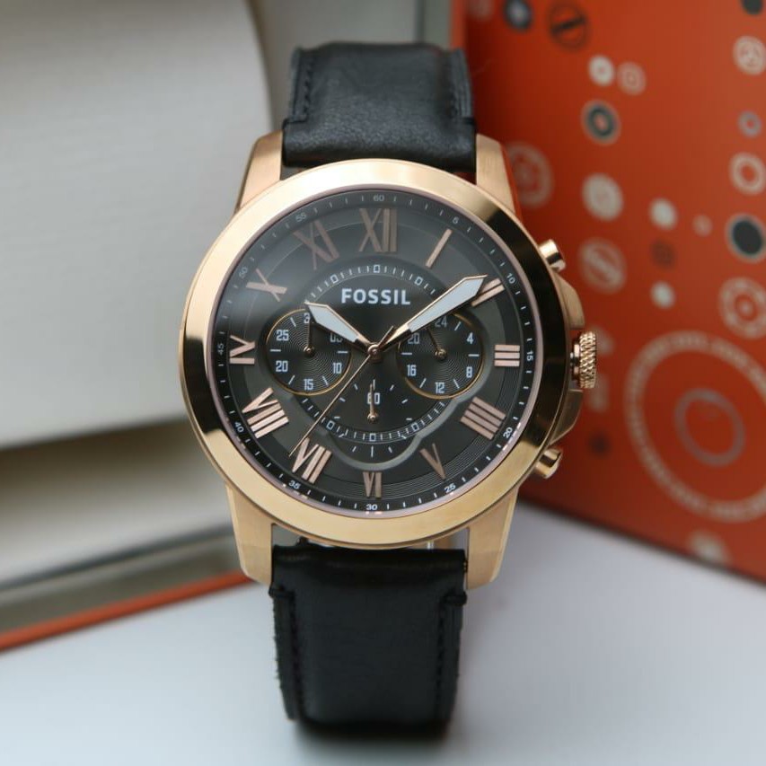 jam tangan pria FOSSIL 5085 tali kulit hitam body rosegold original