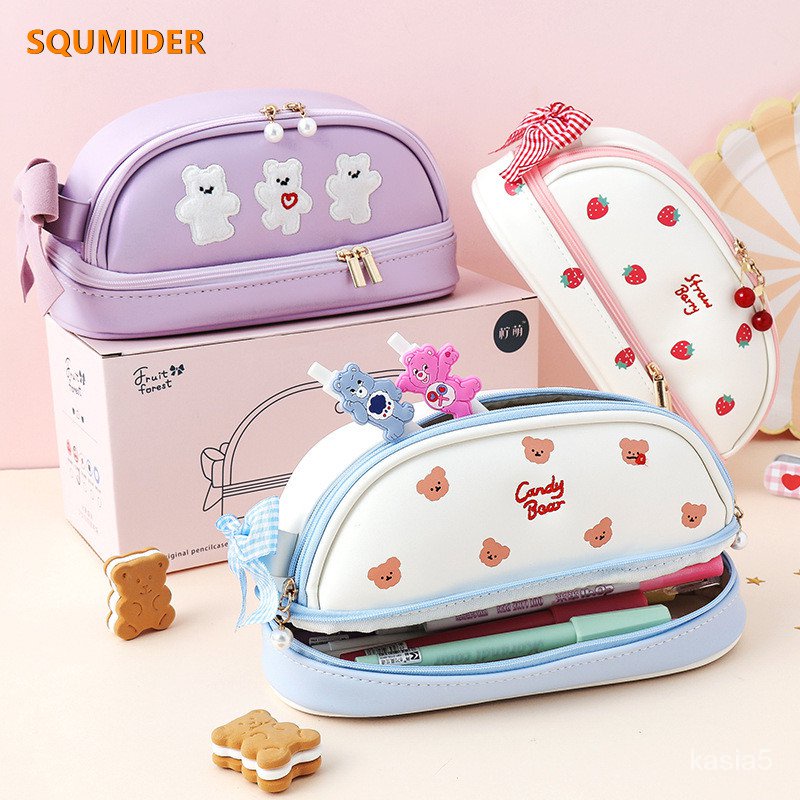 

Cherry PU cute pencil case school Stationery storage bag Leather cosmetic bag big pen case gifts for