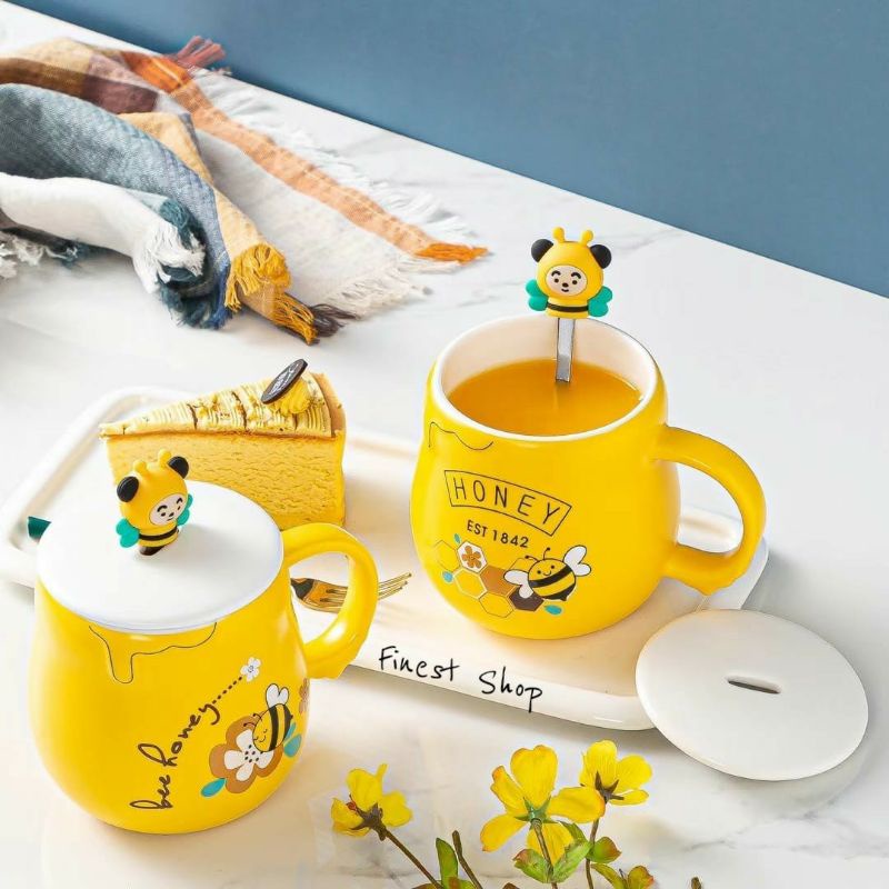 NEW! Mug Keramik Tutup + Sendok Cangkir Sapi Panda Kelinci Macarons Lebah Bear Gelas Bee Yellow IMPORT Porcelain Mug Aesthetic Gift Ceramic Wood Cover Glass Honey Cow Milk Tea White Cup Coffee Kado Hadiah Ultah Birthday Tempat Minum Madu Spoon Stainless