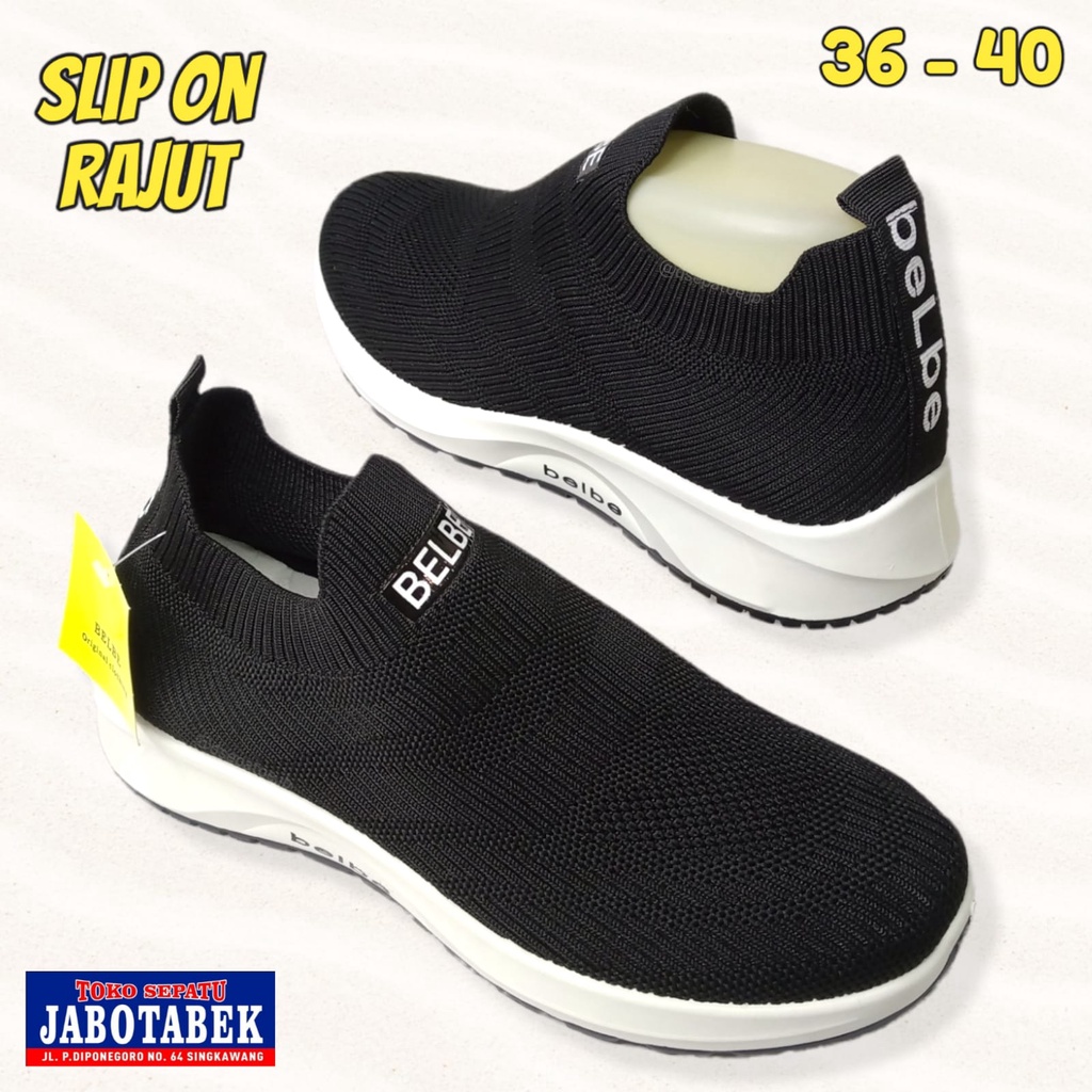 [COD] Sepatu Slip On Rajut BELBE size 36-40 Hitam Polos List Putih Sepatu casual cewek cowok unisex 