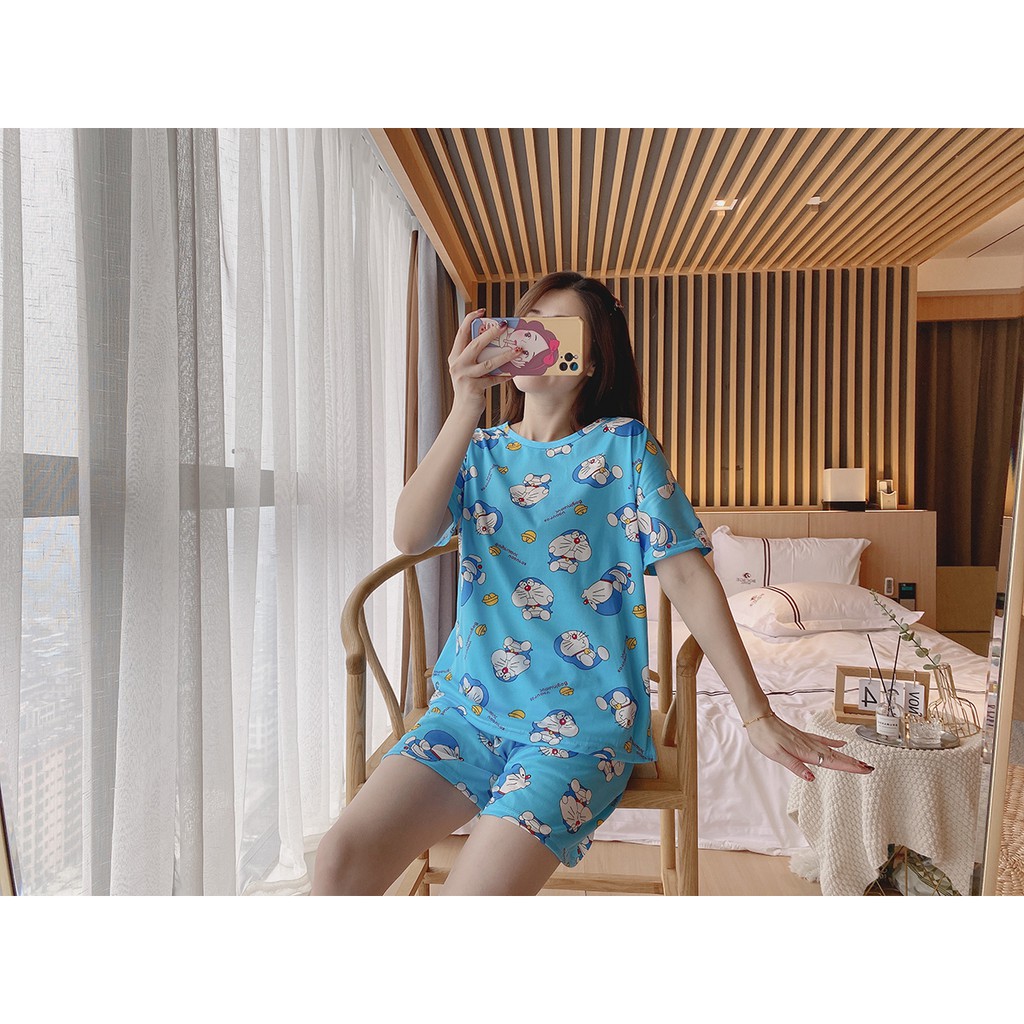 ✨WINGALERY✨ Pakaian Wanita Baju Tidur Piyama Lengan Pendek Import Motif Kartun Fit to XXL 4019-2-DORAEMON BLUE