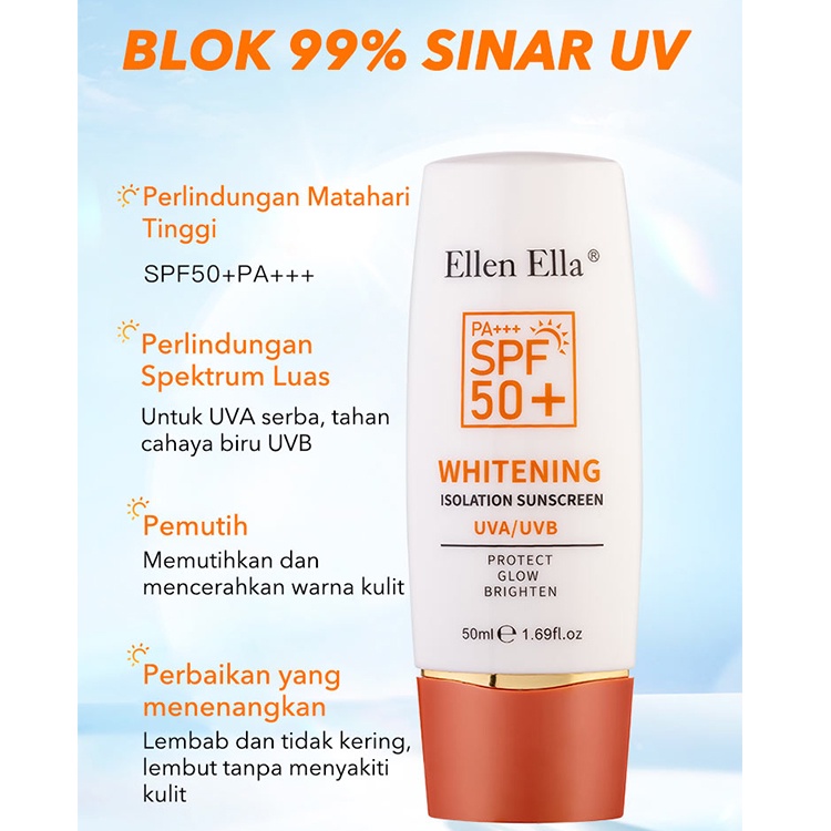 【Stok tersedia, tiba dalam 3 hari】ELLEN ELLA 3-in-1 SPF90+ PA+++ Whitening Krim Tabir Surya Tabir surya untuk Wajah dan Tubuh tahan air matahari kulit peri SPF90+ PA+++ UVA/UVB Anti-penuaan 1 pc 50ml EES001