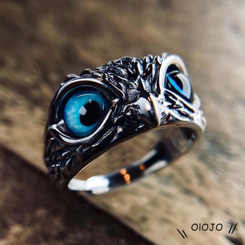 Vintage Style Burung Hantu Kristal Cincin Perak Hewan Pria Wanita Perhiasan Fashion Punk Crystal Rings - ol