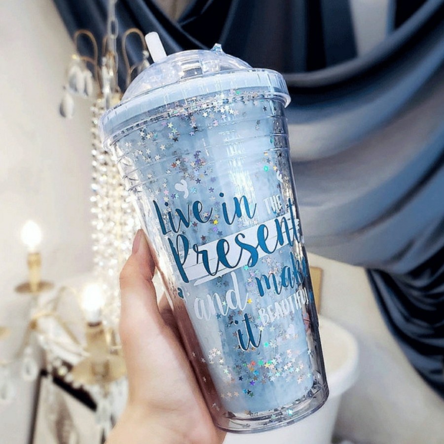 Botol Minum Glitter Gelas Glitter Tumbler Cups Blink Gelas Botol Minum Air Sedotan 450ml