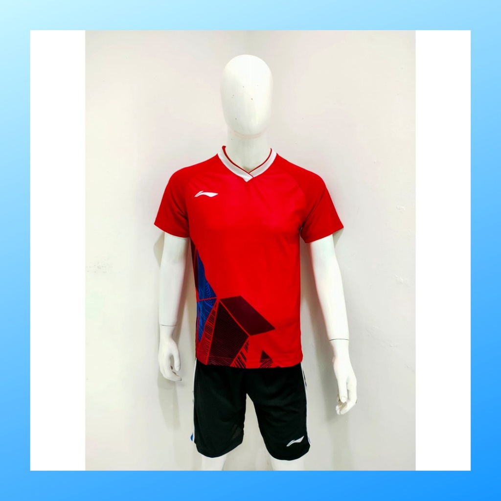 Kaos badminton pria jersey bulutangkis baju dan celana setelan wanita dewasa t-shirt outfit seragam jarsey kostum olahraga pakaian apparel sport jersy bulu tangkis casual jersi sudirman cup suit L156 merah polos