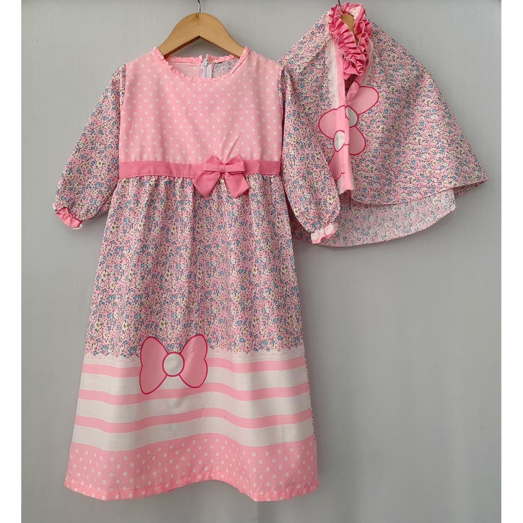 Gamis Katun Kerudung Anak Motif Pink Bunga Kecil