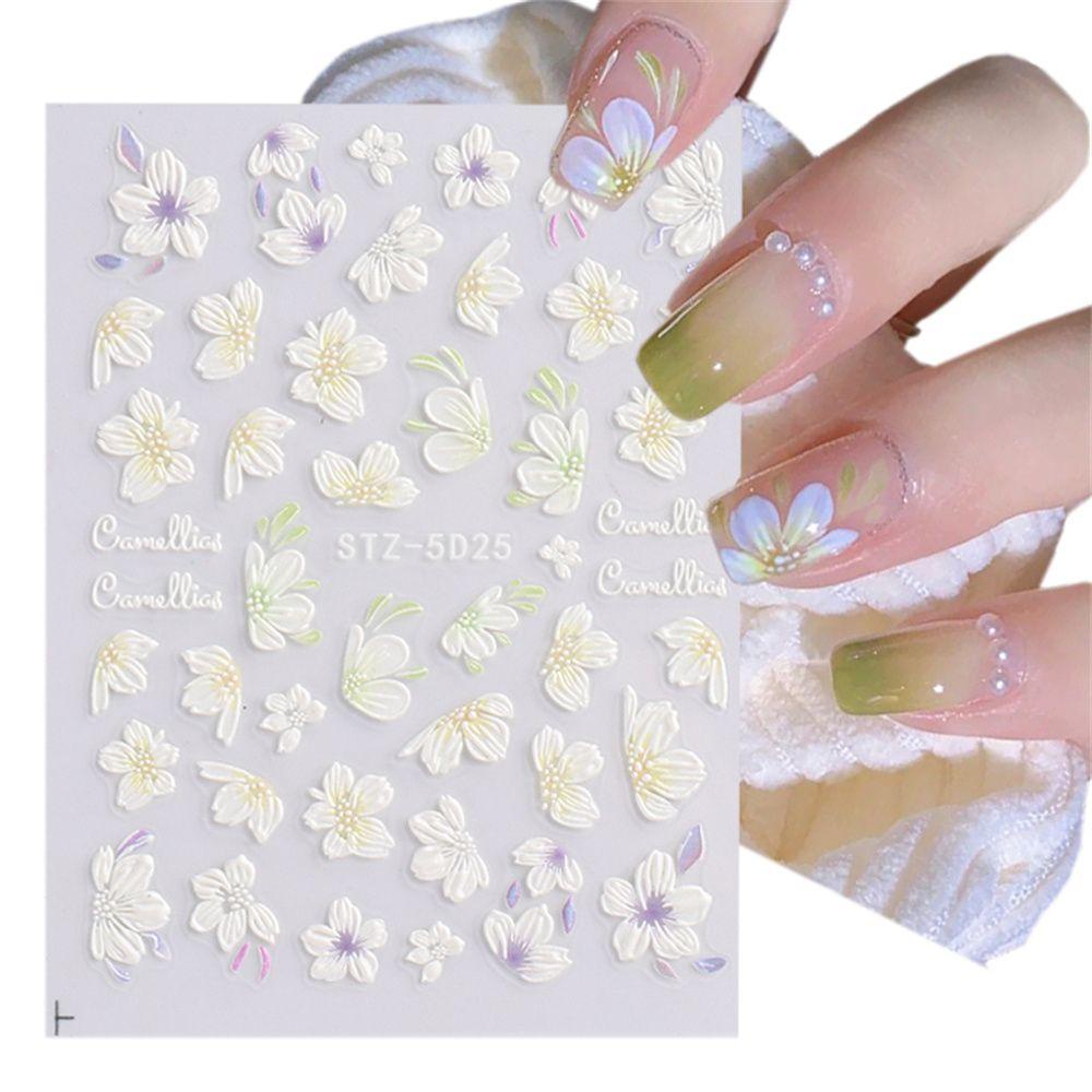 Stiker Kuku Nanas Manicure Decor Sliders White Camellia Relief Nail Art Sticker