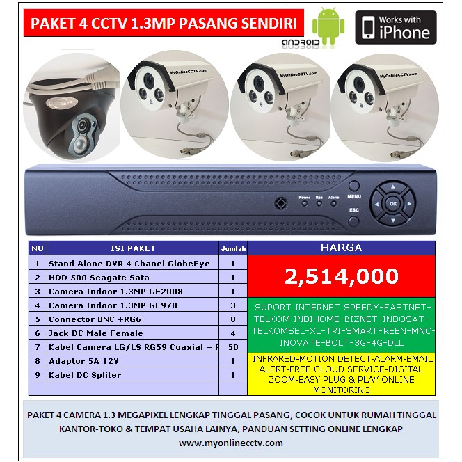 Paket 4 Camera CCTV AHD 1.3 MP Online Speedy Telkom Indihome 3G 4G USB