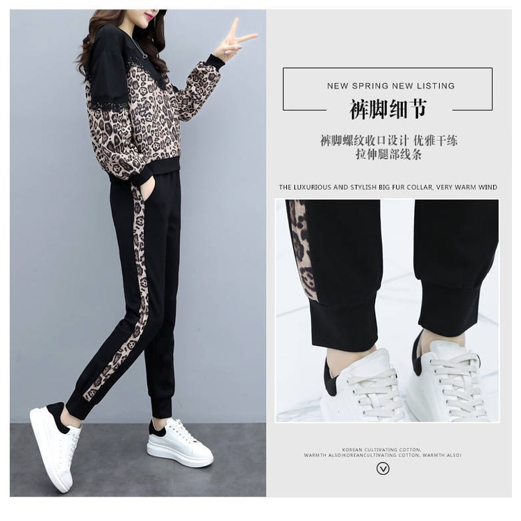 Unique Setelan Wanita Leopard Bunga Print Blus T-Shirt Renda Lengan Panjang + Celana Panjang 2Pcs Set Wear