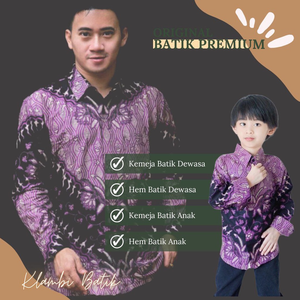 Kemeja Batik Pria Motif Keris Lengan Panjang // Couple Batik Ayah Dan Anak Cowok Umur 2-13 Tahun Warna Ungu Dan Coklat