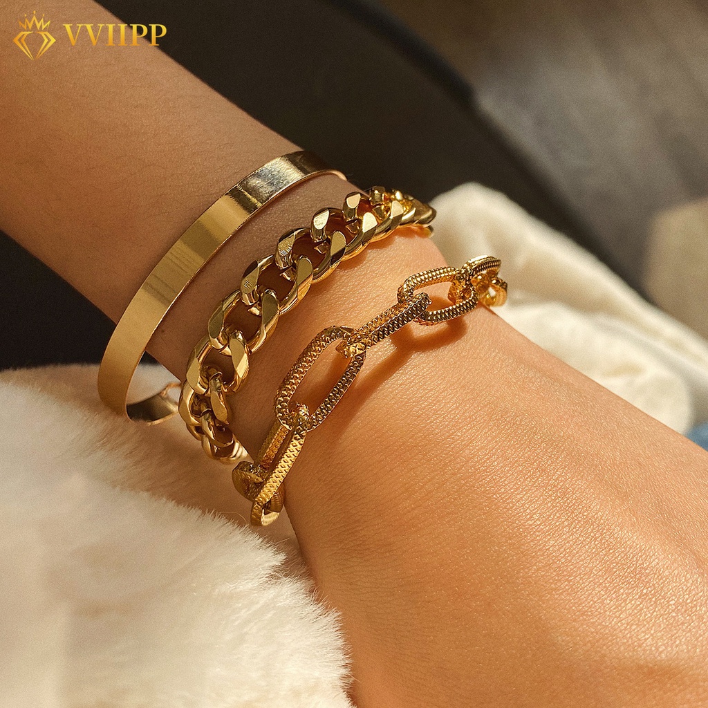 3pcs/set Retro Multilayer Gold Silver Bracelets Korean Chain Bracelet Women Jewelry Accessories