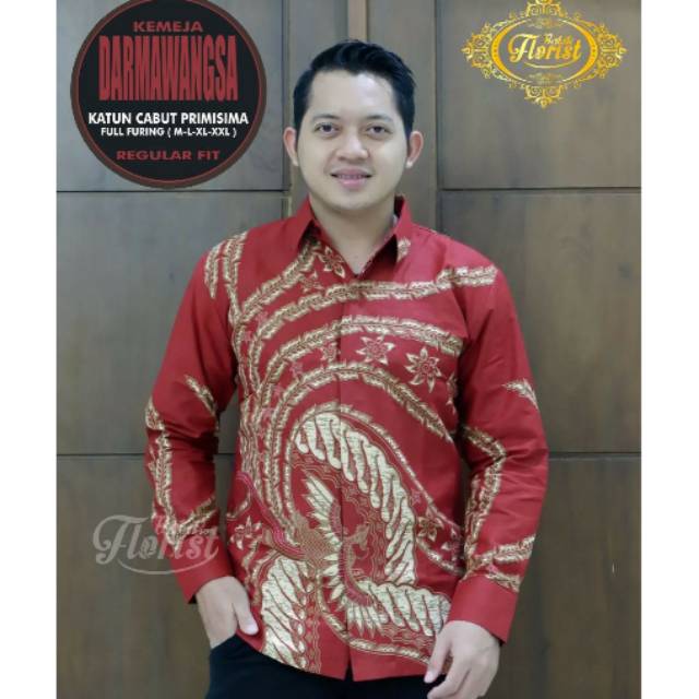 Kemeja Batik Pria Lengan Panjang Batik Warna Merah DARMAWANGSA Batik Berfuring