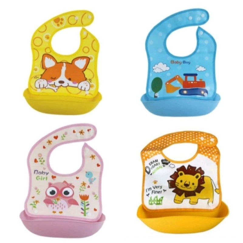 Baby safe alas makan selaber slaber bib lipat kantong crumb catcher plastik