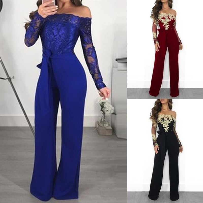 flower embroidery off shoulder wide leg jumpsuit