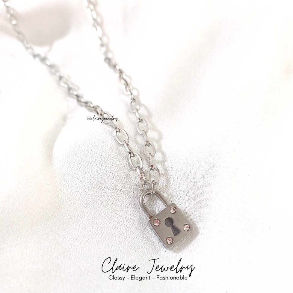 Kalung Titanium Gembok Silver - Kalung Titanium Kunci Silver - Kalung Titanium Rantai Tebal Putih