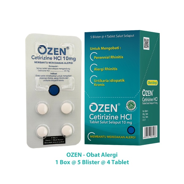 Ozen Cetirizine 10mg 1 Blister | 1 Box 5 Blister@ 4 Tabelt | Syrup 5mg@ 60mL | Membantu Meredakan Alergi