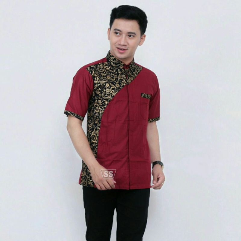 BAJU KOKO PRIA KOMBINASI BATIK LENGAN TANGAN PENDEK WARNA MERAH MAROON MARUN GOLD LEBARAN