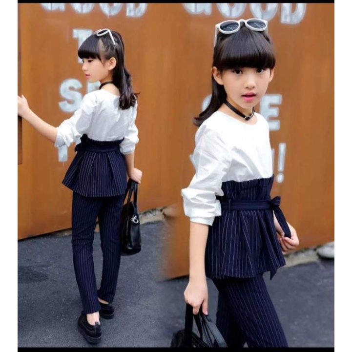 Setelan Anak Perempuan Umur 5 6 7 Tahun-Set Baju Anak Cewek Modis Keren New Bahan Katun Strip Asli