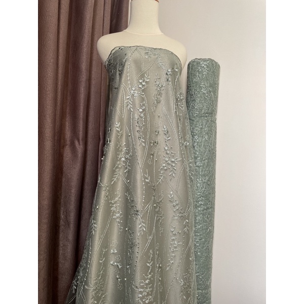 Kain Bahan Kebaya Brukat Tile Mutiara Mahogany New Series Warna Hijau Sage Green