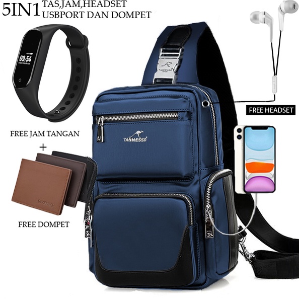 Tanmesoo 5IN1 TAS BONUS JAM &amp;DOMPET,USBPORT &amp;HEADSET -TAS SELEMPANG PRIA sling bag usb port 11