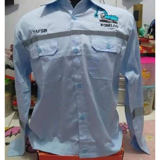 Seragam kerja pria biru turkis bordir Excavator kobelco/kemeja panjang pria murah/baju kerja pria