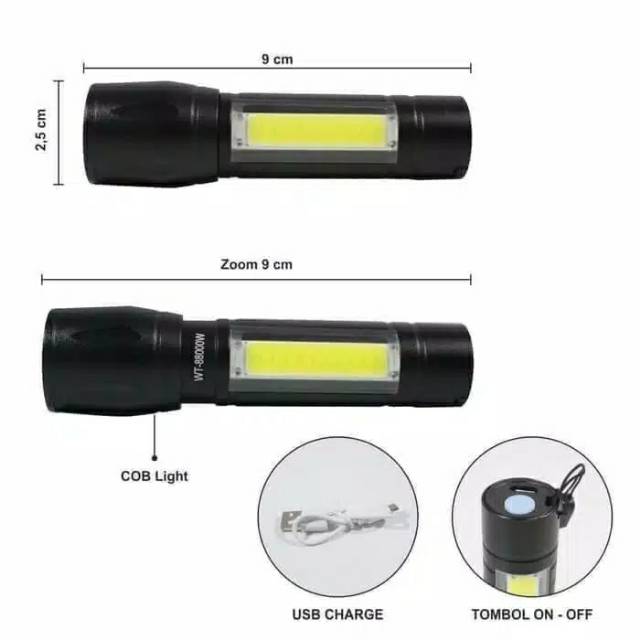 SENTER POLICE  MINI USB PREMIUM COB LEBIH PANJANG FOKUS LEBIH TERANG JEPIT BESI FULL AWET