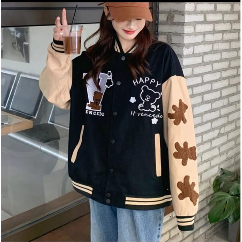 Baseball V HAPPY PIGIE OVERSIZE | Jaket Oversize Wanita | Bahan Fleece | All size