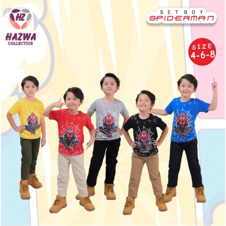 BAJU SETELAN ANAK LAKI LAKI MOTIF SPIDERMAN CELANA CHINOS LEBARAN 2022