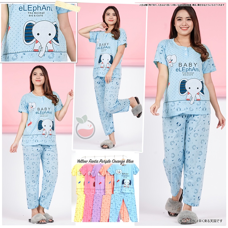 Lilipop.id  Baju Tidur Wanita CP Elephant Setelan Piyama BabyDoll Kaos Celana Panjang