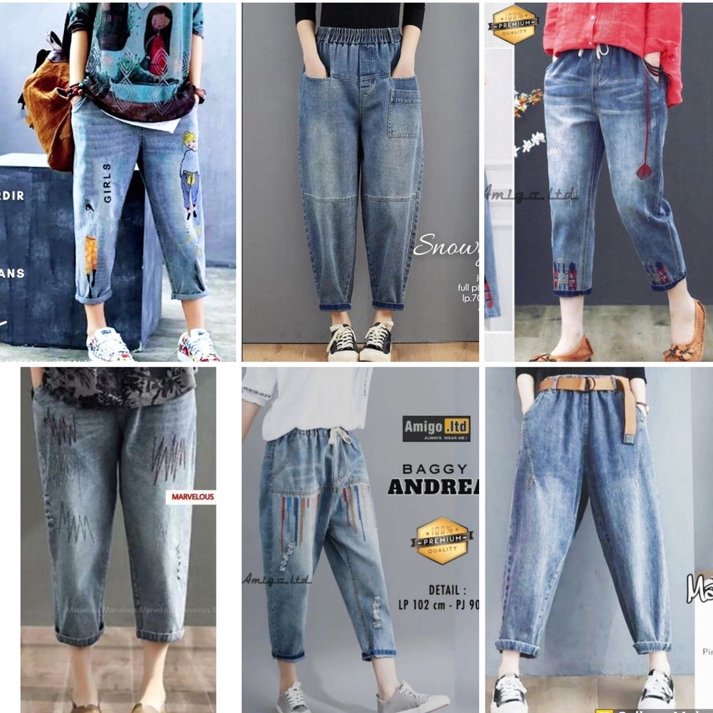 CELANA JEANS WANITA KOREA JUMBO BAGGY PANT KULOT JEANS KOREAN STYLE BOYFRIEND RAWIS BORDIR KEKINIAN