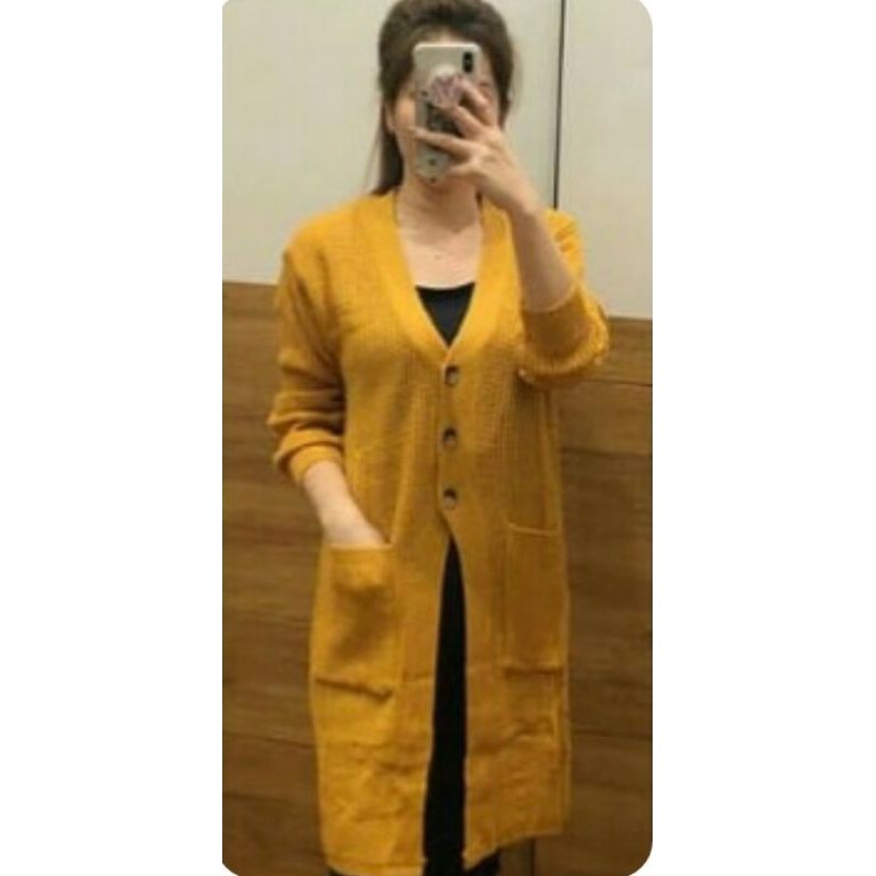 Sweater Long Panjang Cardigan Rajut Feliz Long Cardi Kancing-Kuning busuk