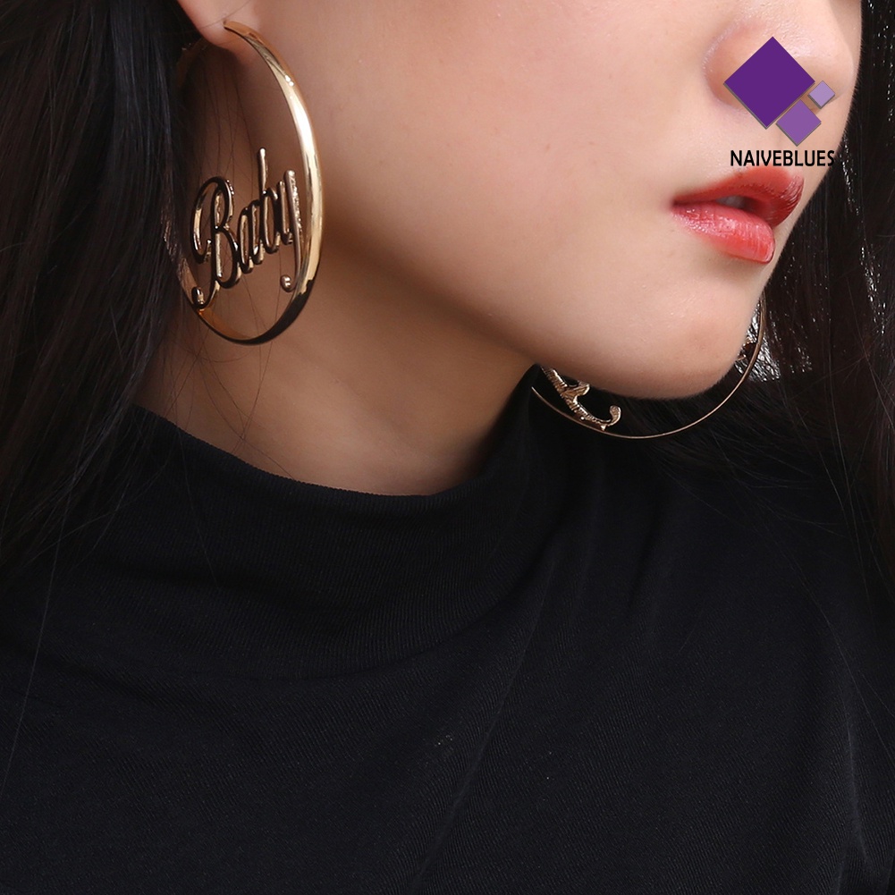 Naiveblue &gt; Anting Tusuk Gantung Bentuk Bulat Hollow Motif Tulisan Femme Baby Untuk Wanita