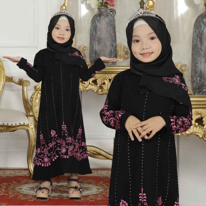 MUZA ABAYA ANAK HAMARI (PINK/GOLD) BONUS PASMINA