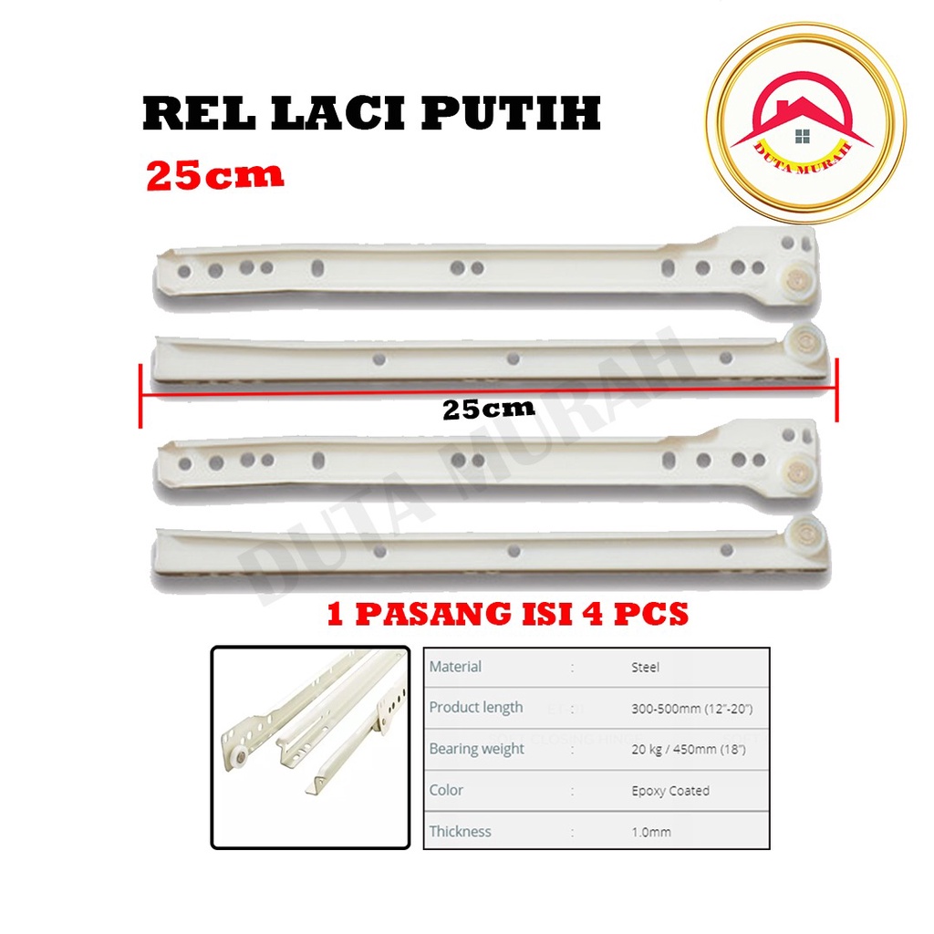 Rel Laci Lenaga by Huben 25 cm 1 set (2 pcs). Biasa Roda Singel Track Putih Free Skrup