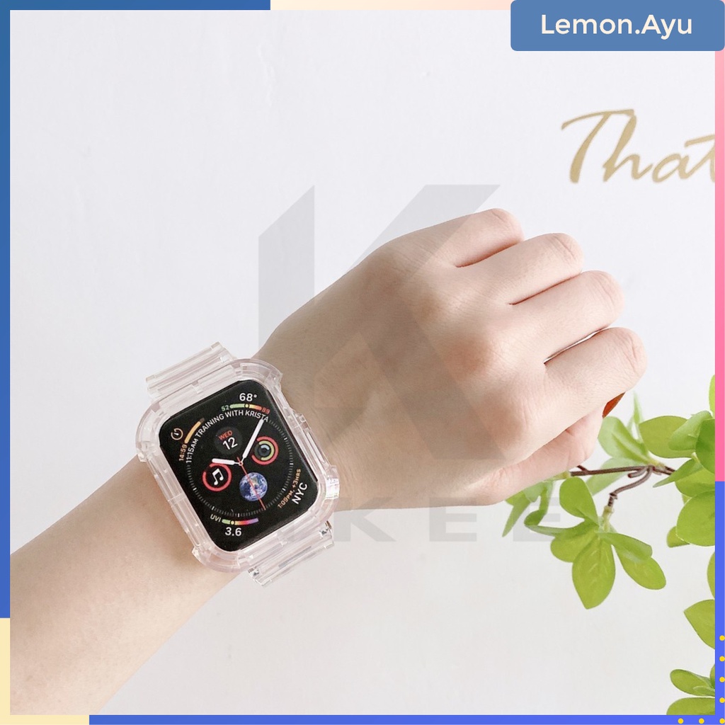 2 in 1 Tali Transparan untuk Apple Watch 7 41mm 45mm iWatch Clear Glacier Band TPU Tali Pelindung Penuh