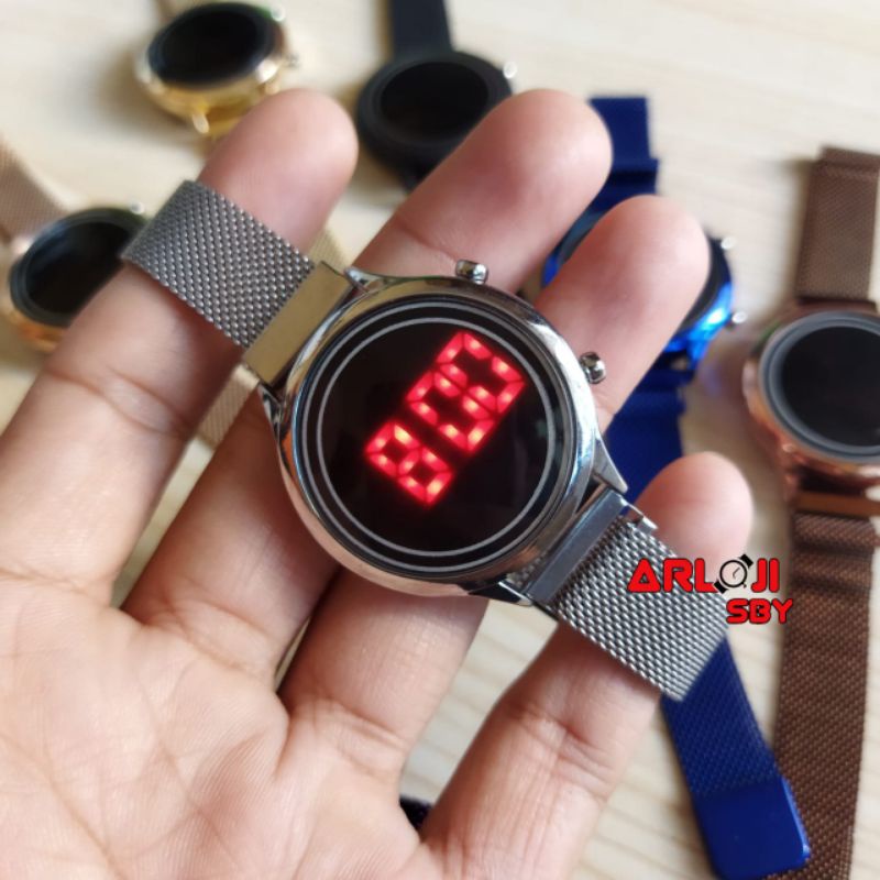 JAM TANGAN WANITA LED WATCH DIGITAL MAGNET MESH CONVEX BULAT MINI