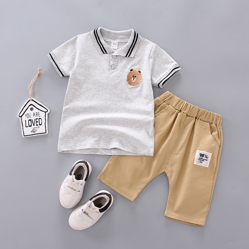 Setelan Polo Anak Import Stelan Baju &amp; Celana Anak Laki Motif Beruang / Baju Anak Cowok