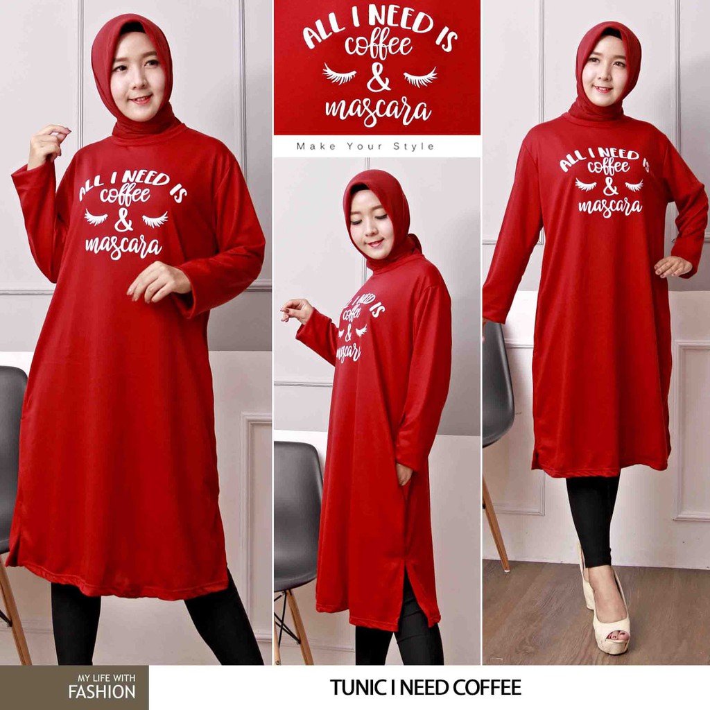 COD TUNIK FASHION MUSLIM I NEED COFFEE XXL LD 110