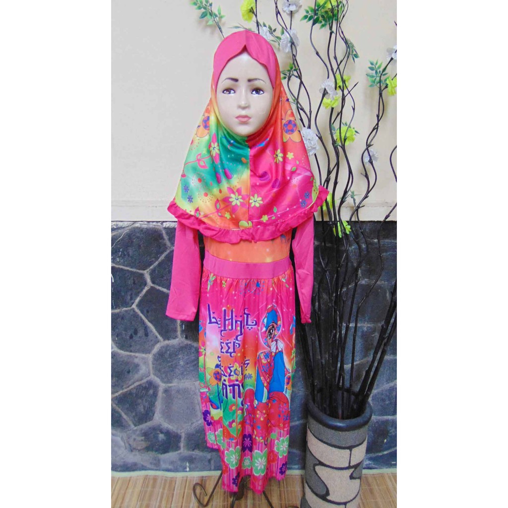 kembarshop PLUS HIJAB baju muslim gamis anak motif hijaber pink fanta uk M 5-6th