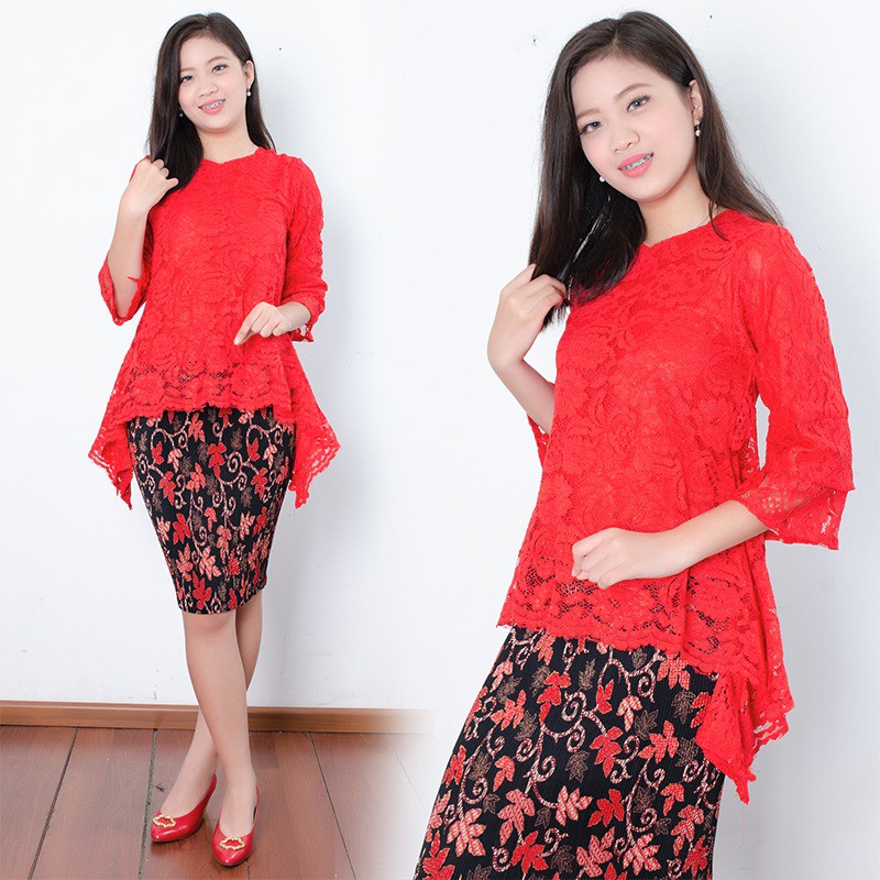 SB Collection Stelan Kebaya Warni Blouse Brukat Dan Rok Plisket Jumbo Midi Batik Wanita