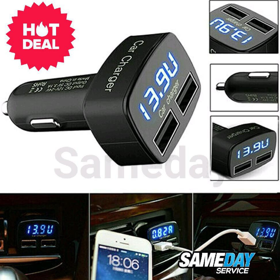 TERLARIS  Car Charger HP Mobil 4in1 Voltmeter Ammeter Dual Usb 3.1A dan Temperature TERBARU