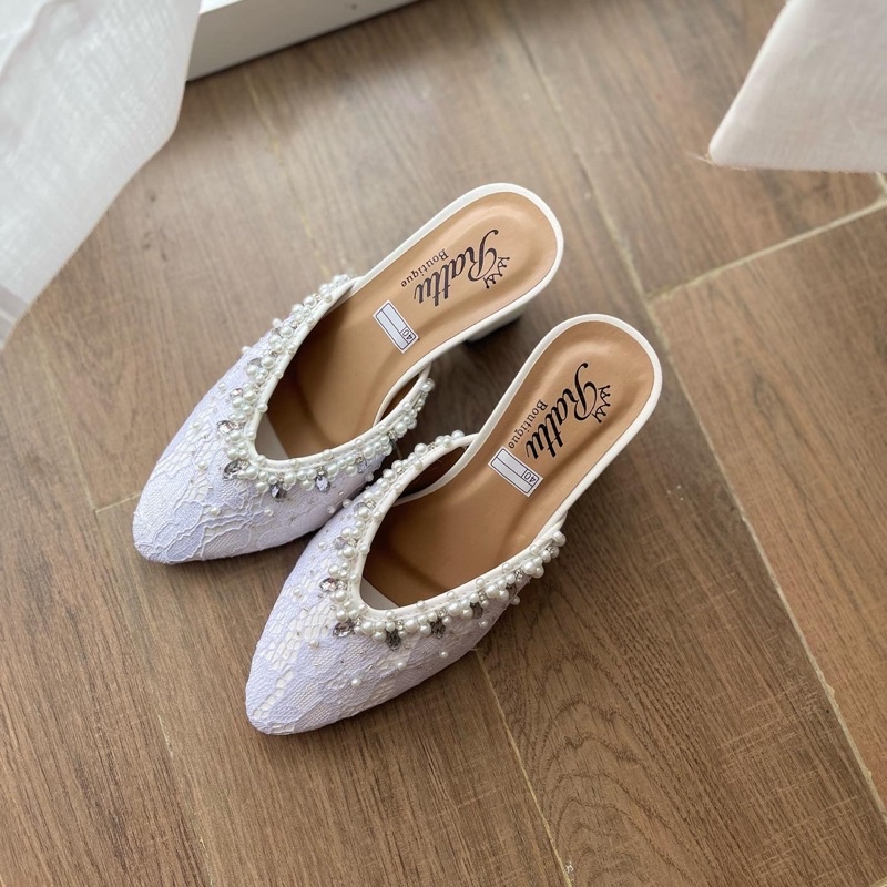 Termurah !!! COD Heels 7cm brukat payet mewah Ricis putih / wedding shoes / sepatu pengantin / sepatu tunangan / sepatu wisuda
